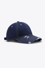 Distressed dark blue denim adjustable baseball cap