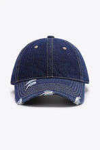 Distressed dark blue denim adjustable baseball cap