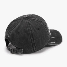 Black distressed adjustable cotton baseball cap with frayed denim brim