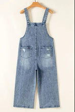 Distressed bib pocket wide leg denim overalls for women
