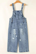 Distressed bib pocket wide leg denim overalls for women