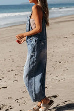 Distressed bib pocket wide leg denim overalls for women with lace detailing