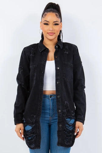 Distressed Black Long Sleeve Denim Jacket for Women Black