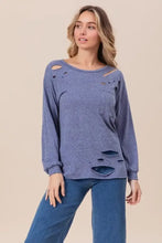 Distressed Blue Triblend Long Sleeve Shirt with Laser Cut Detailing DENIM Woman T Shirts