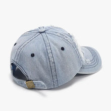 Light blue distressed cotton baseball cap with adjustable buckle