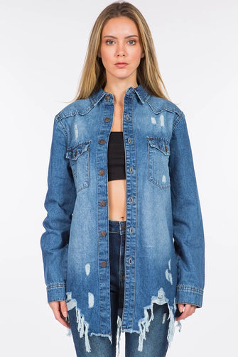 Distressed Frayed Hem Denim Jacket for Women Blue