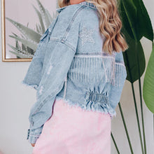 Distressed Denim Jacket with Fringe Star Detail and Raw Hem for Women