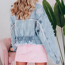 Distressed Denim Jacket with Fringe Star Detail and Raw Hem for Women Woman Outerwear