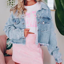 Distressed Denim Jacket with Fringe Star Detail and Raw Hem for Women Light