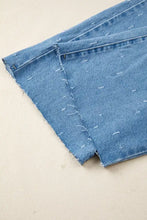 Blue denim distressed detail tummy control raw hem jeans with frayed hem and subtle fading