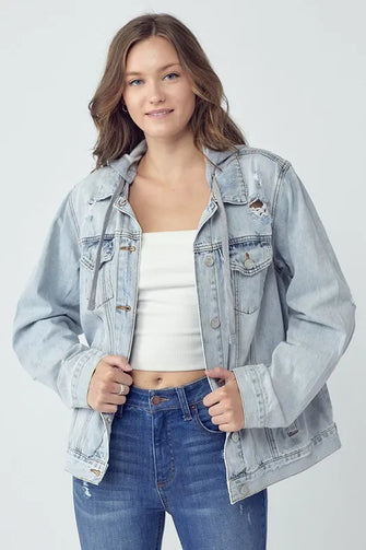 Distressed Drawstring Hooded Denim Jacket for Women Light Blue Light