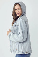 Distressed Drawstring Hooded Denim Jacket for Women Light Blue