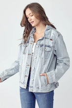 Distressed Drawstring Hooded Denim Jacket for Women Light Blue