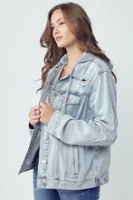 Distressed Drawstring Hooded Denim Jacket for Women Light Blue