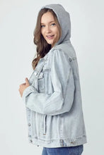 Light blue distressed drawstring hooded denim jacket for women