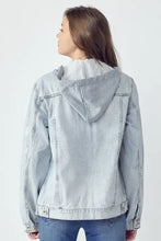 Light blue distressed drawstring hooded denim jacket for women