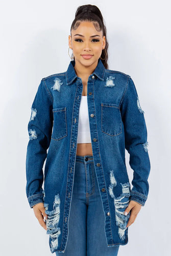 Distressed Long Sleeve Denim Jacket for Women Blue