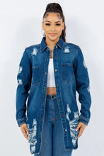 Distressed long sleeve denim jacket for women with frayed edges