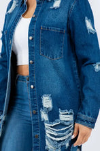 Distressed long sleeve denim jacket for women in medium blue with ripped details and button closure