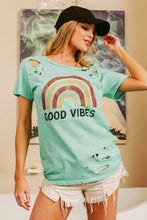 Distressed Mint Green Cotton Slub Laser Good Vibes Cowboy T Shirt