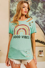 Distressed Mint Green Cotton Slub Laser Good Vibes Cowboy T Shirt Woman T Shirts