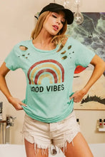 Distressed Mint Green Cotton Slub Laser Good Vibes Cowboy T Shirt Woman T Shirts