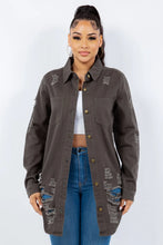 Distressed Olive Green Long Sleeve Denim Jacket for Women Gray
