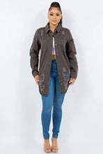 Distressed Olive Green Long Sleeve Denim Jacket for Women