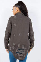 Distressed Olive Green Long Sleeve Denim Jacket for Women