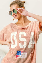 Distressed peach t-shirt with USA and American flag graphic