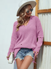 Distressed Pink V Neck Knit Sweater for Women Lilac