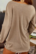 Tan distressed pocketed round neck long sleeve oversized T-shirt