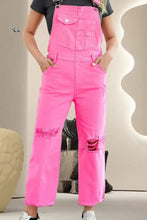 Hot pink distressed pocketed wide strap denim overalls