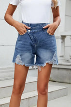Distressed Raw Hem Asymmetric Waist Denim Shorts Dusty Blue Denim Shorts