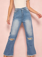 Light-wash denim bootcut jeans with distressed knee rips and frayed raw hems pairing advice included
