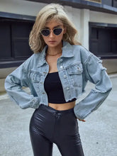 Distressed Raw Hem Cropped Denim Jacket Light Woman Denim Tops