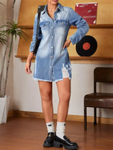 Light-wash denim mini dress with distressed details and raw hem in a casual denim mini style