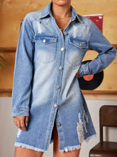 Light-wash denim mini dress with distressed raw hem and button-front design in a casual denim mini style