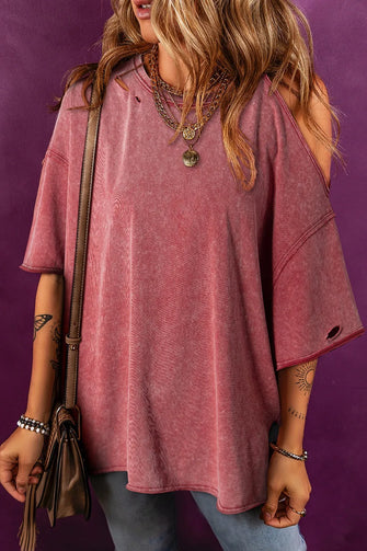 Distressed Red Cold Shoulder Oversized Cotton T Shirt for Women Dusty Pink