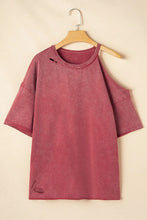Distressed Red Cold Shoulder Oversized Cotton T Shirt for Women