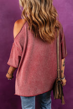 Distressed Red Cold Shoulder Oversized Cotton T Shirt for Women