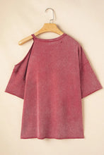 Distressed Red Cold Shoulder Oversized Cotton T Shirt for Women