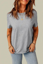 Light grey short-sleeve distressed round neck tee with front details