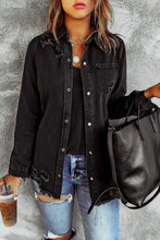 Distressed Snap Down Denim Jacket Black Woman Outerwear