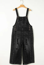 Distressed wide strap denim overalls with cropped wide legs