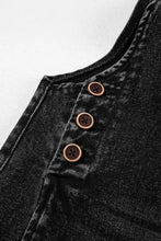 Distressed wide strap denim overalls with black vest and wooden buttons