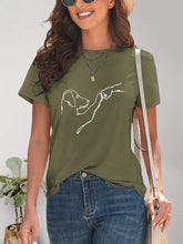 Olive green dog graphic round neck t-shirt with white line art of dog and hand