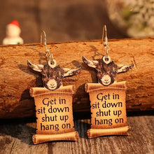 Two wooden goat-head donkey letter wooden dangle earrings
