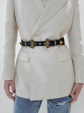 Double buckle PU leather belt with silver western buckles for women