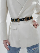 Black and gold double buckle PU leather belt with studded details